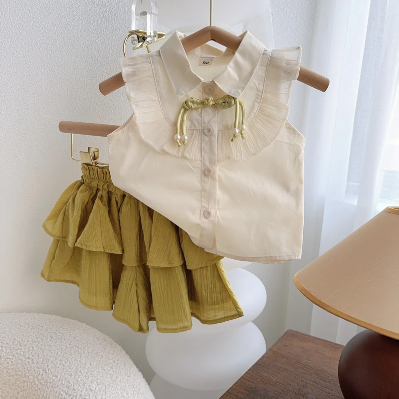 女童新中式套装夏季新款时尚木耳边盘扣上衣裙裤两件套AXA298