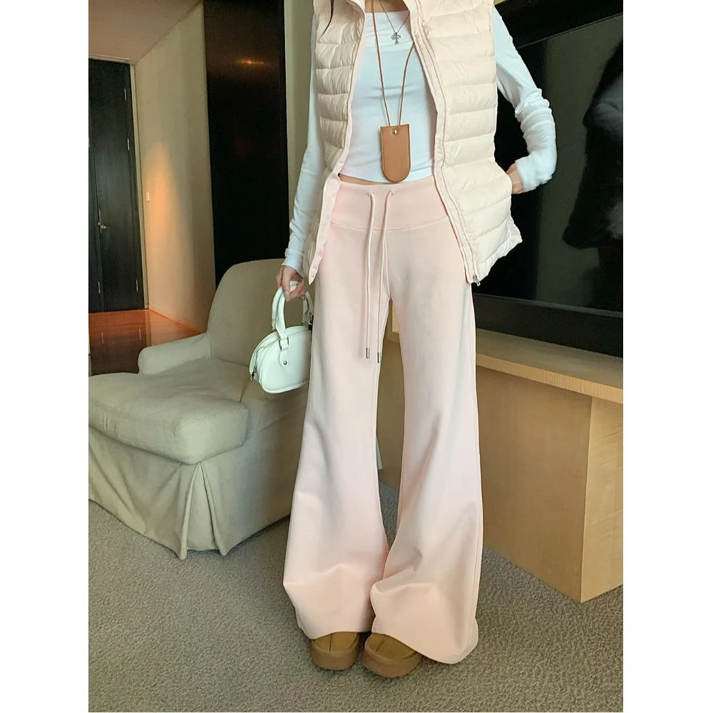 加绒加厚粉色微喇叭裤女冬季新款卫裤休闲裤子运动裤拖地长裤