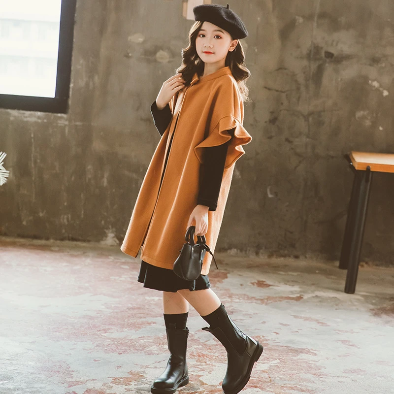 棉100%女童2025新款大衣外套套装中大童早春毛呢两件套金丝绒学生