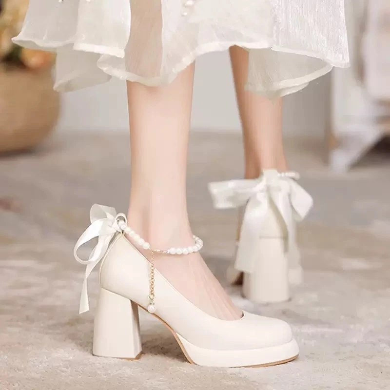 300-500对应编码下单珍珠绸缎玛丽珍粗跟新款百搭单鞋