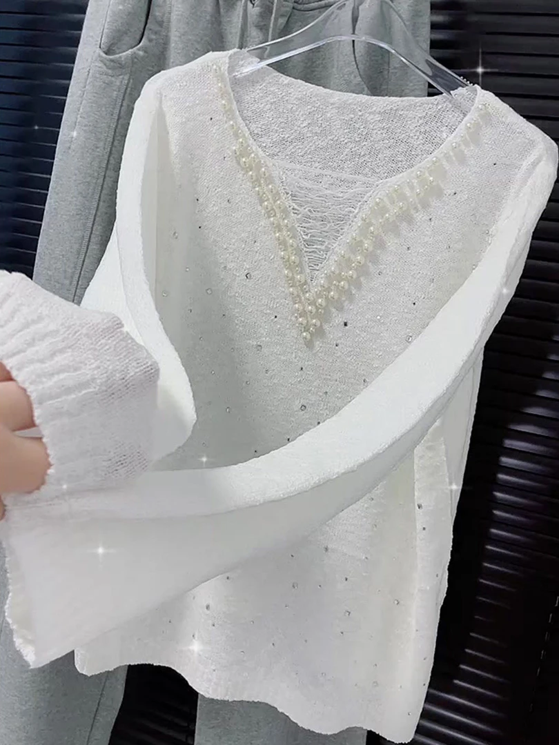 法式长袖白色上衣女2025早秋高级感慵懒风宽松显瘦时尚百搭针织衫