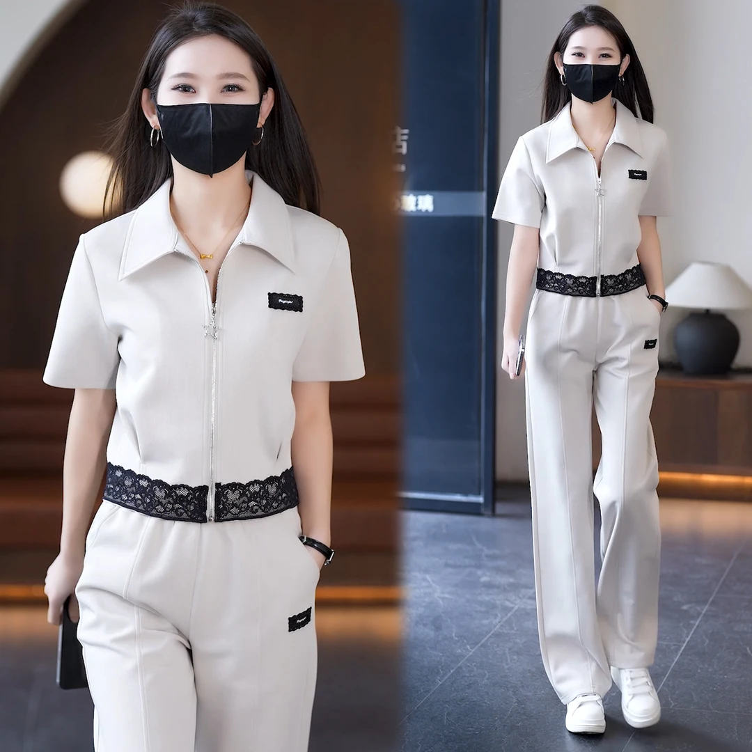 轻奢气质翻领 蕾丝花边两件套女2025夏装新款 时尚休闲套装减龄