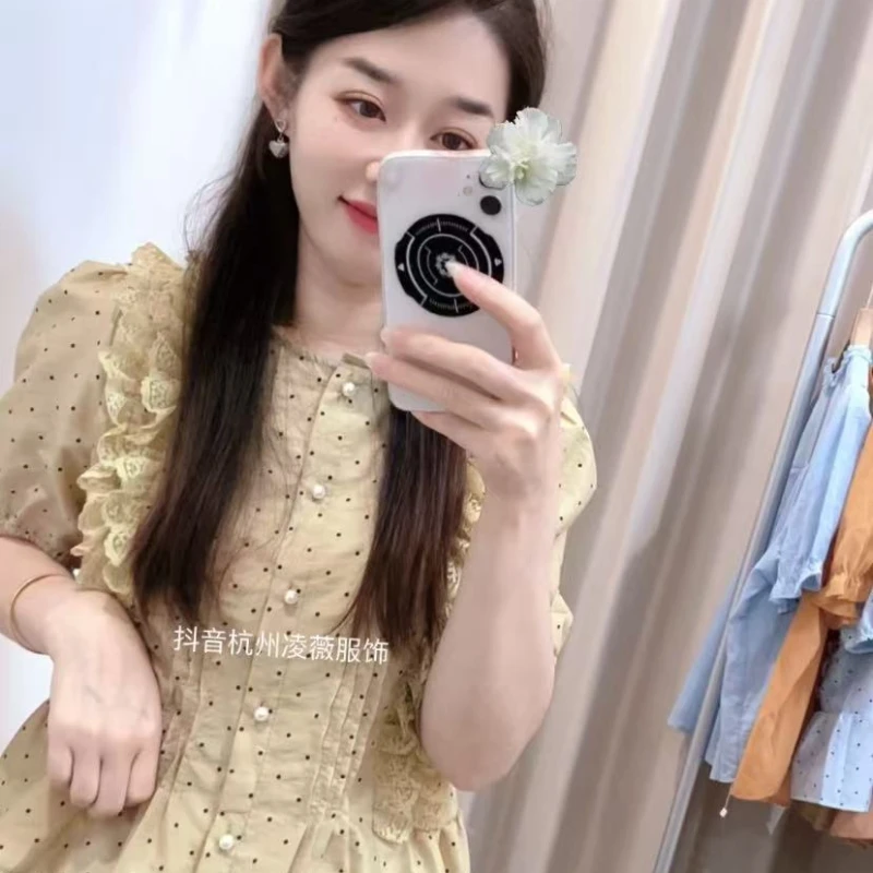 新品百搭蕾丝花边波点韩系小衫2586