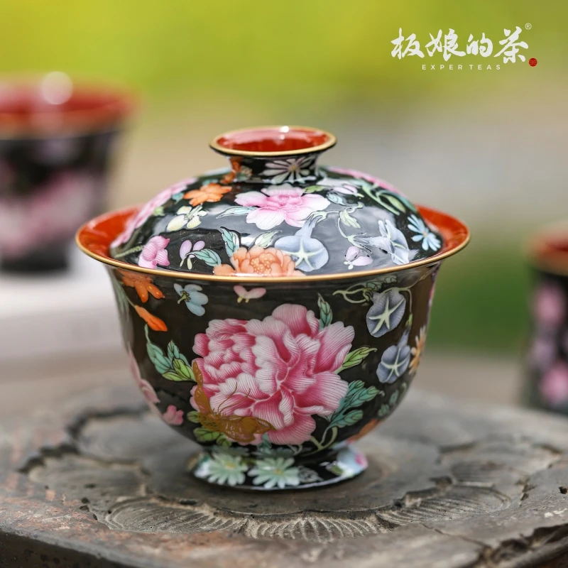 板娘的茶  景德镇手绘黑地粉彩牡丹花盖碗轻奢陶瓷茶器