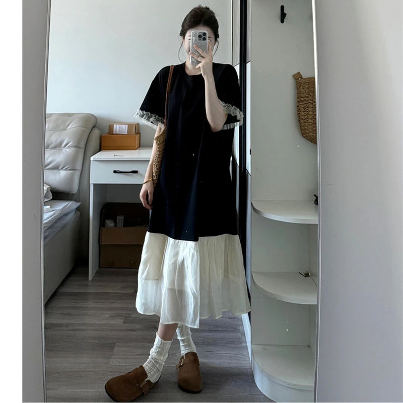 大码宽松遮肉显瘦短袖连衣裙长裙女夏2025新款休闲长款过膝T恤裙