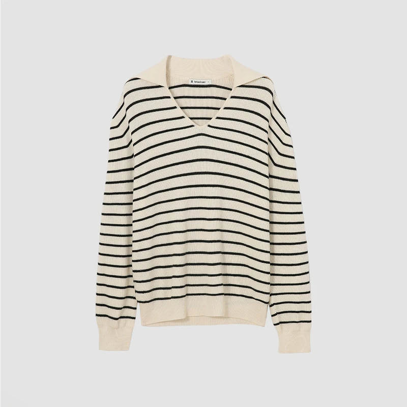 【直播专属】播百搭翻领毛衣撞色套头打底条纹毛衫BDQ3SD0311