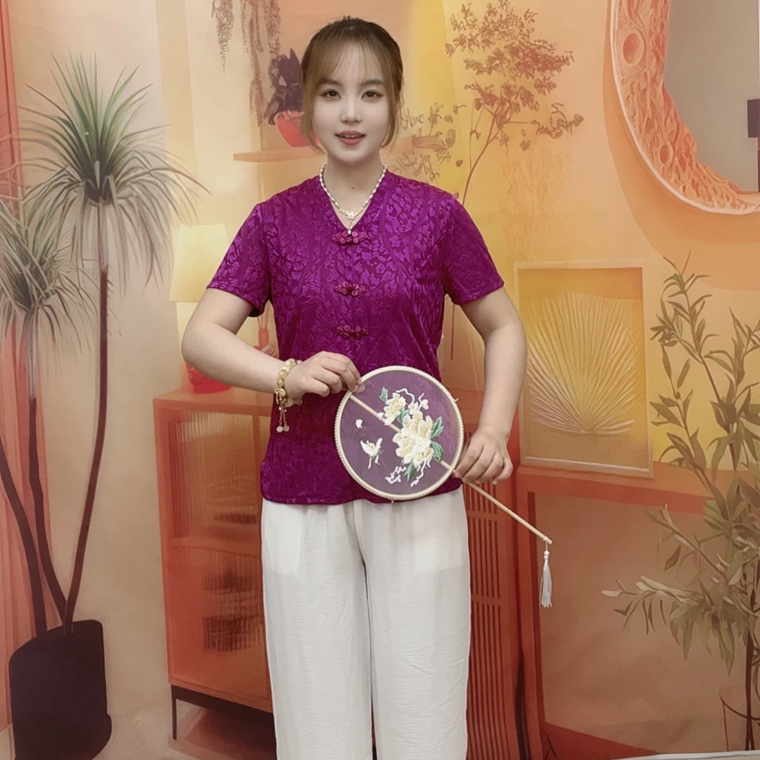 民族风薄款中老年女装V领绣花休闲风休闲女装女士夏季复古妈妈装