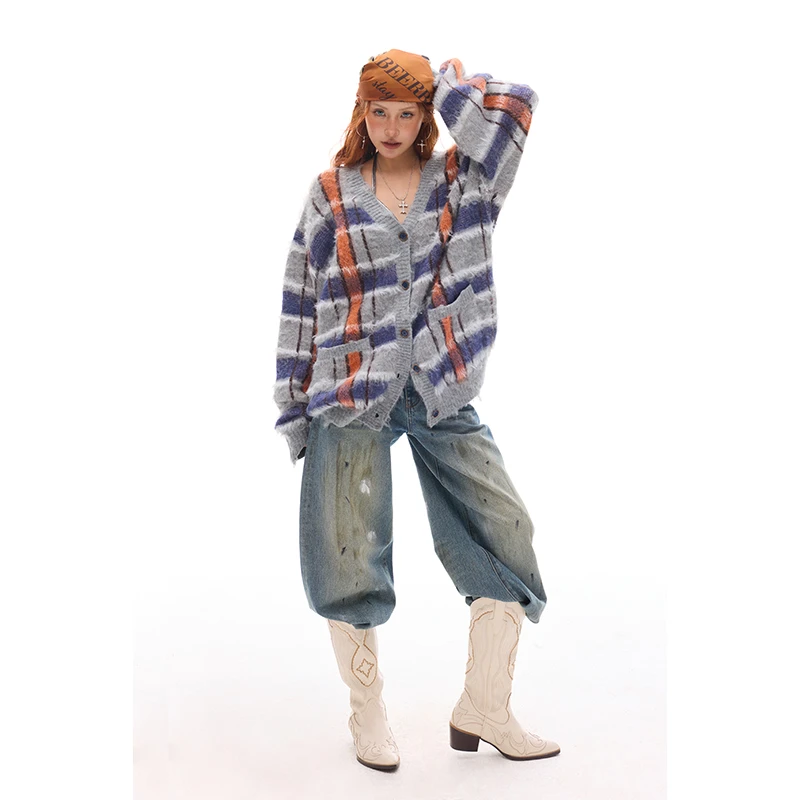 美式复古宽松慵懒毛毛间条毛衣开衫 BZ24DXX586-1SC