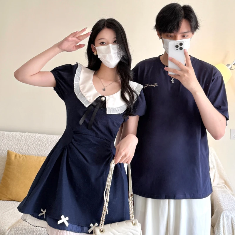 2025年夏季新款收腰显瘦纯欲连衣裙情侣装一裙一衣男T恤43女裙69