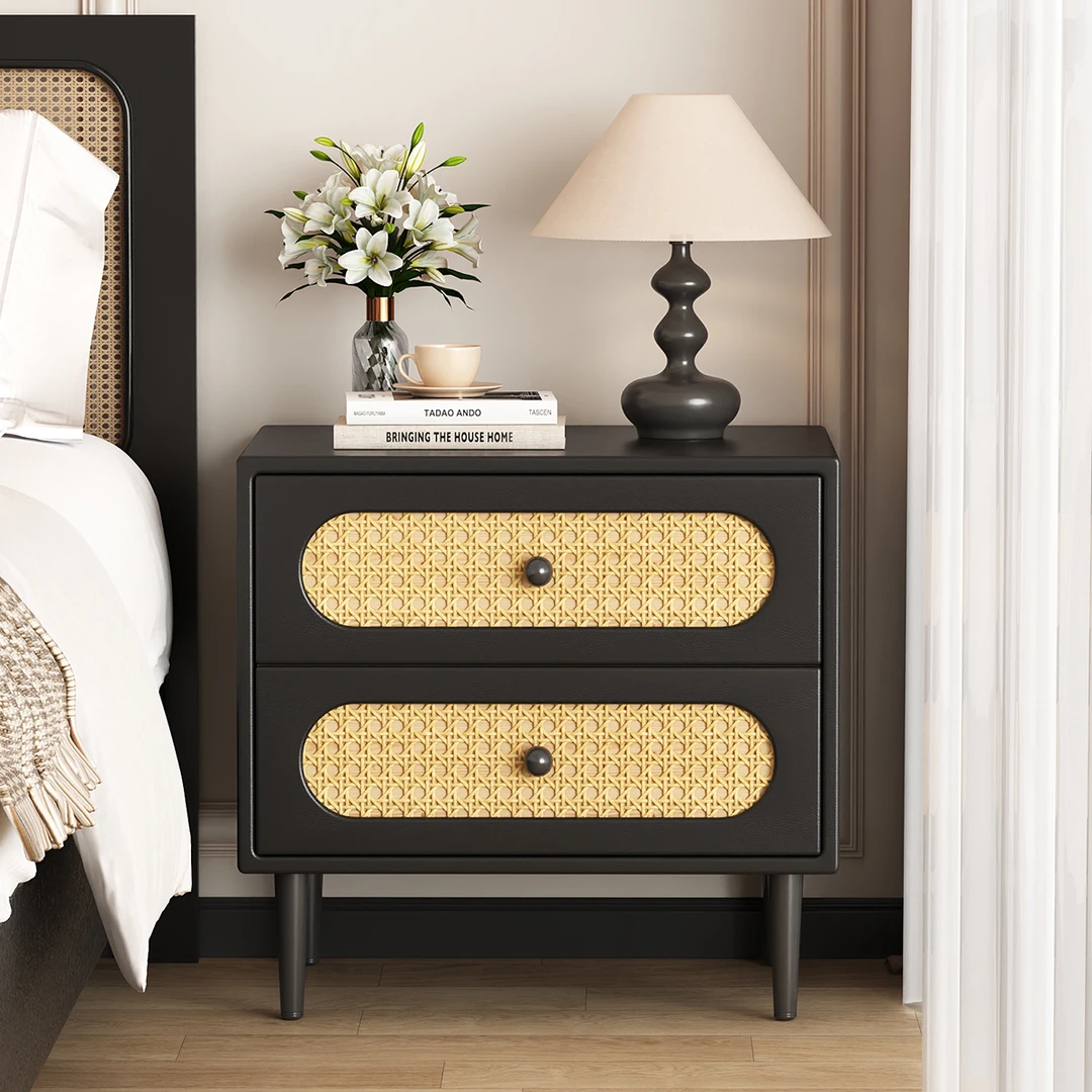 中古床头柜卧室家用简约现代藤编实木小柜子黑色床头收纳柜床边柜