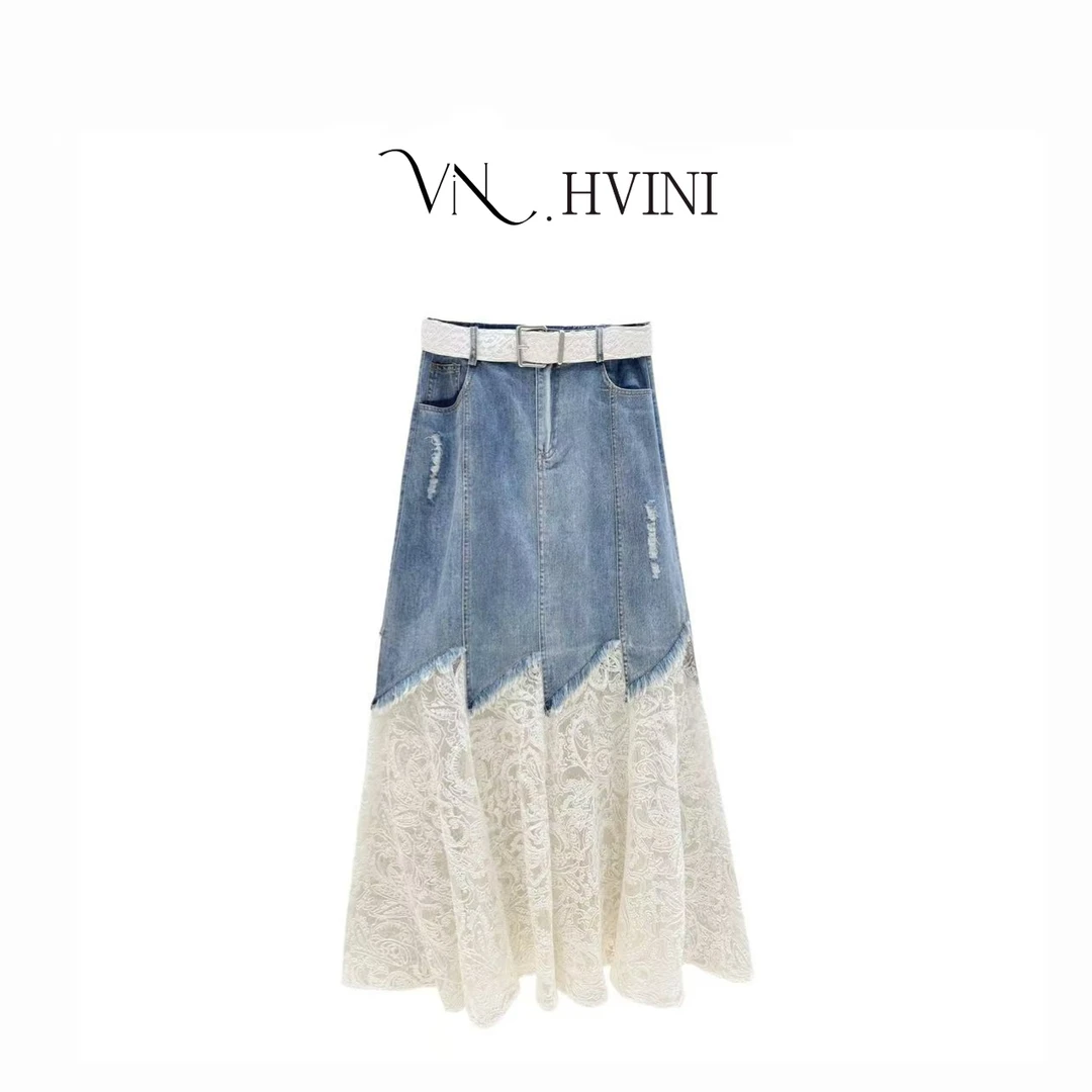 【牛仔拼接】2025春季新款休闲气质牛仔半身裙H1858