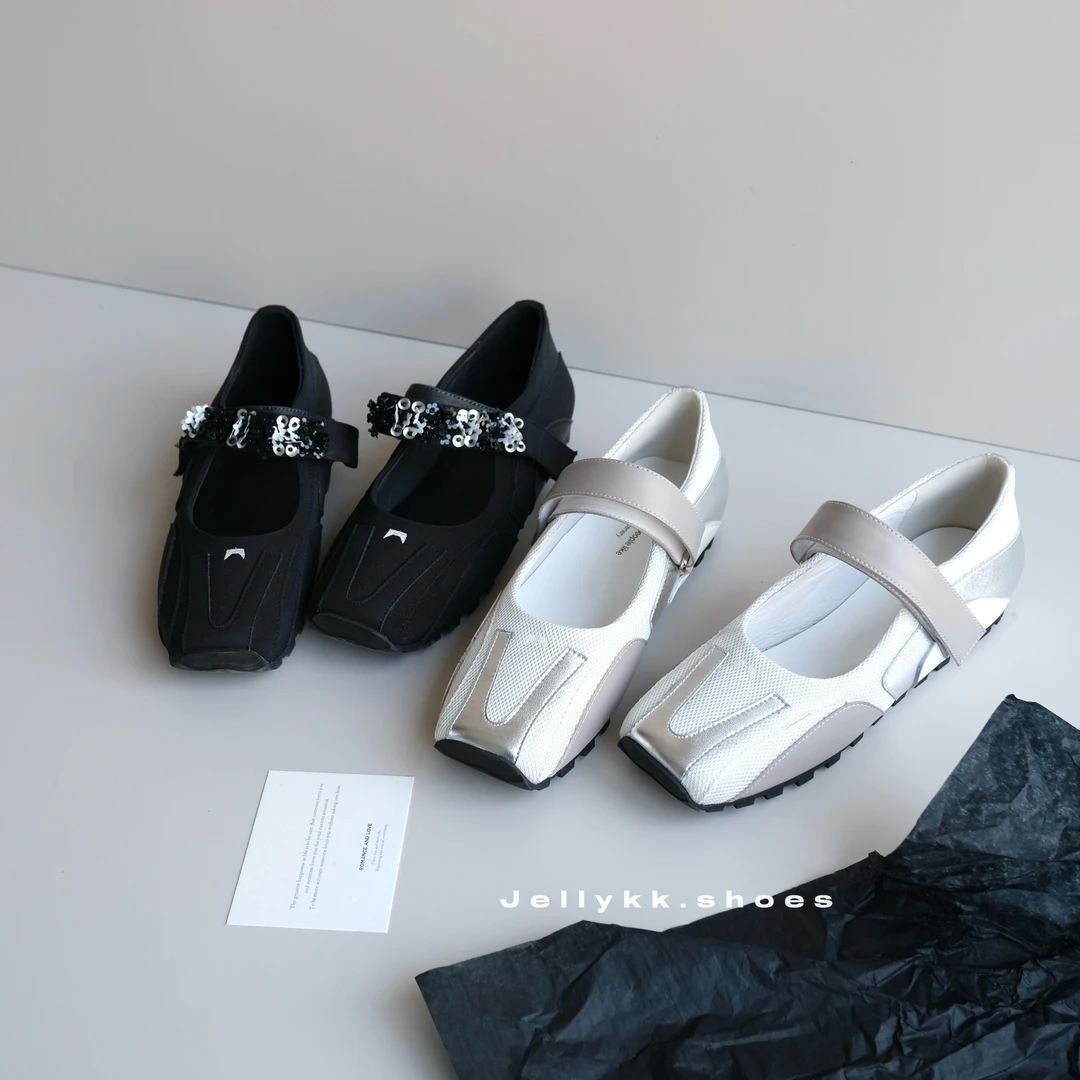 【Jellykk】3.5cm2025设计师款运动风浅口方头拼接方头百搭芭蕾舞鞋