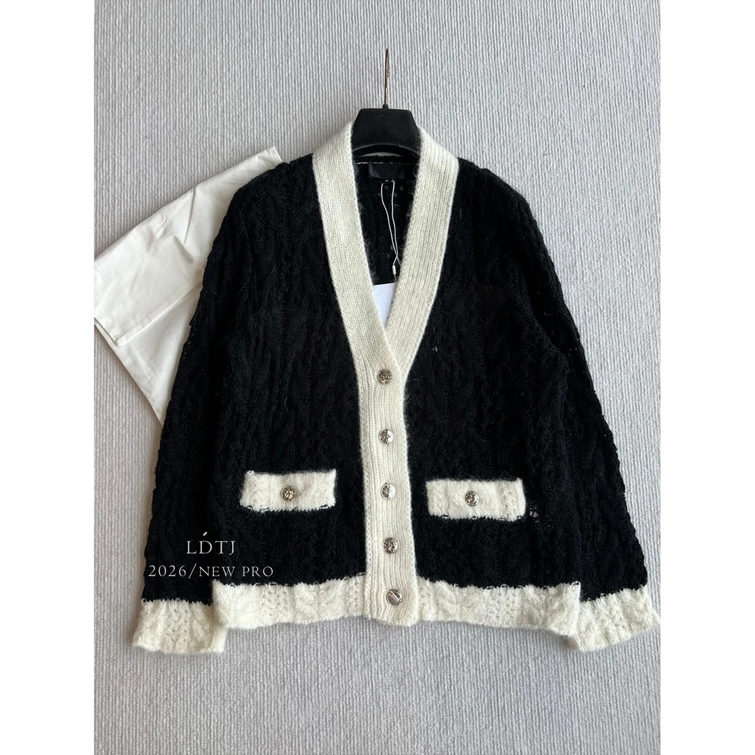 ZZS1196 LDTJ高定秋新V领开衫款拼接撞色小香风时尚宽松长针织衫