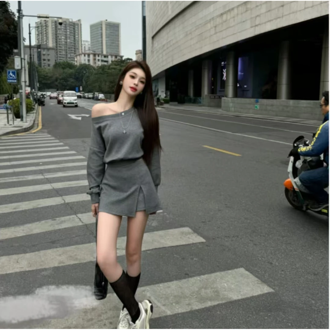 时尚穿搭御姐慵懒风高级感气质春季辣妹露肩卫衣高腰短裙两件套装