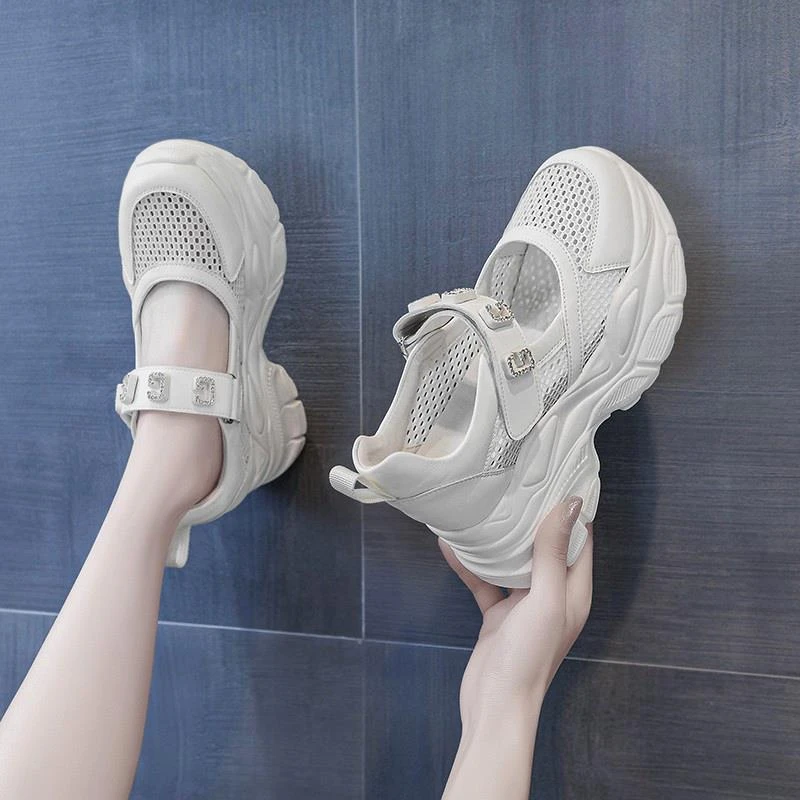 FAVMARTHA内增高跟包头凉鞋女士厚底2025夏季新款网纱外穿松糕坡