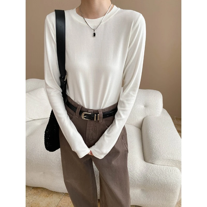 慵懒感秋冬百搭纯色圆领正肩显瘦打底修身长袖T恤打底衫韩版内搭