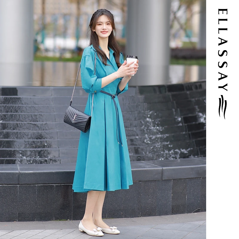 ELLASSAY歌力思春夏新款亲肤棉收腰中长衬衫连衣裙女EWE331Y06500