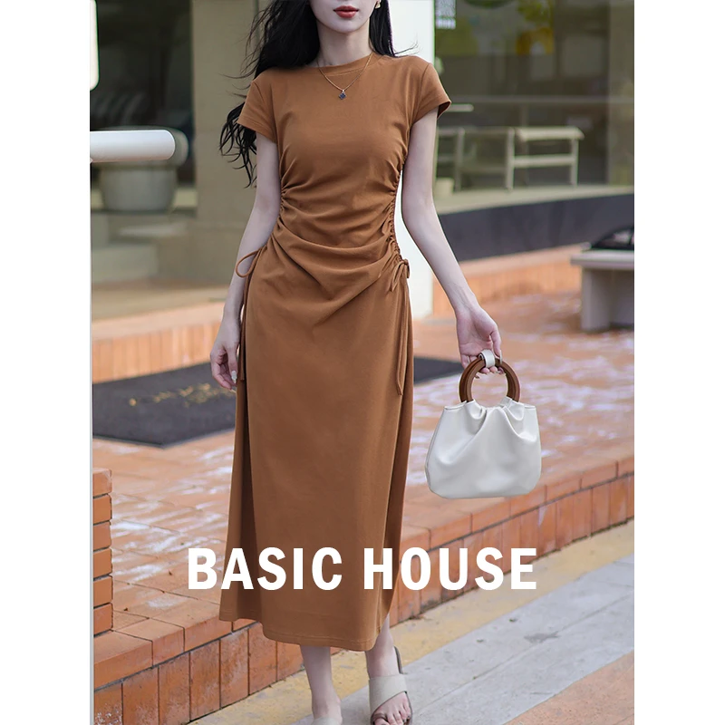 Basic House/百家好CSM气质连衣裙女夏季抽绳显瘦中长款包臀T恤裙