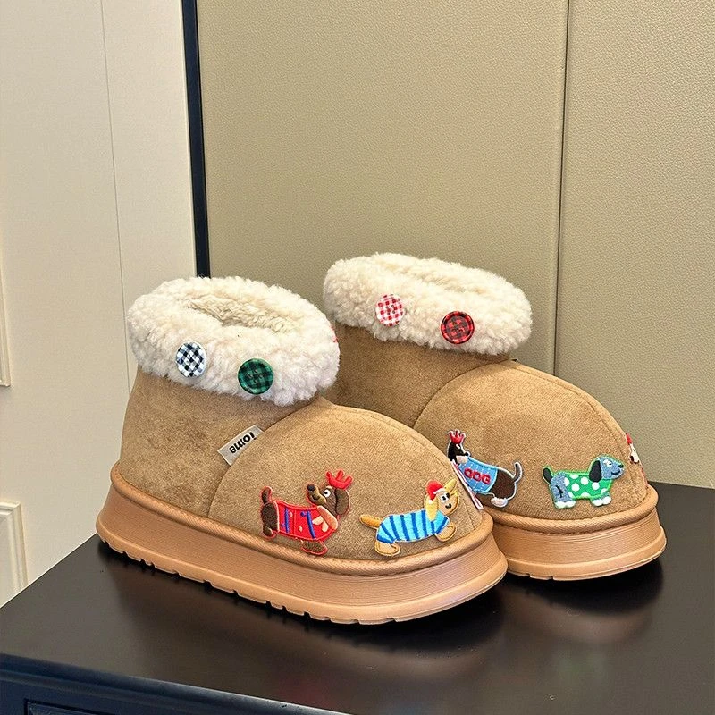 腊肠狗厚底雪地靴女外穿2024年秋冬新款加绒加厚一脚蹬面包毛毛鞋