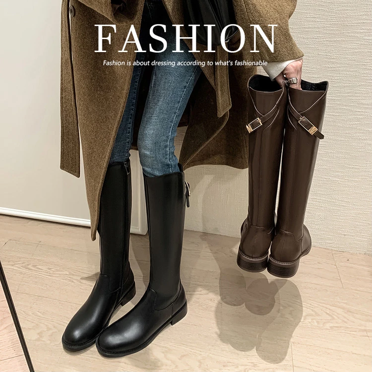 牛皮~网红法式真皮长筒靴女锁扣不过膝靴子中高筒骑士靴子