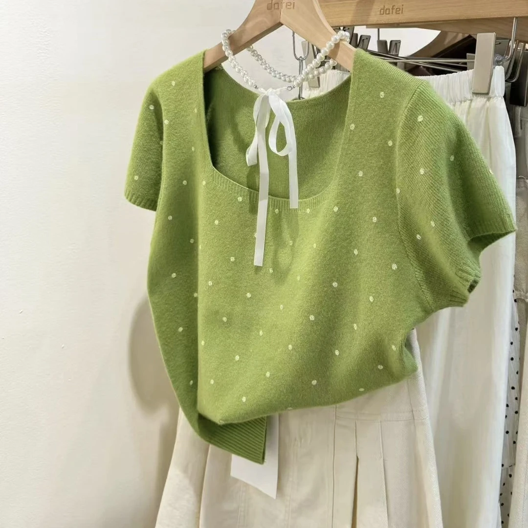 夏季新款短袖方领内搭波点针织衫韩系甜美收腰显瘦修身打底衫上衣