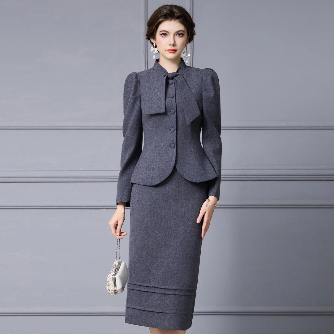 枝荔时装女套装时髦洋气2025新款冬装名媛气质泡泡袖外套包臀裙子