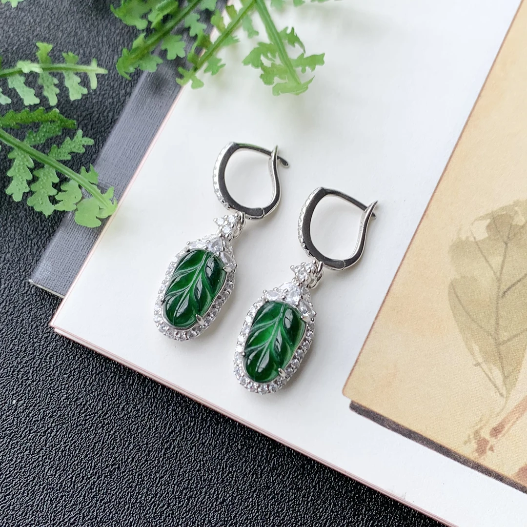 【冠尚珠宝王印】翡翠s925银叶子耳坠H008TG028-314多样性发一