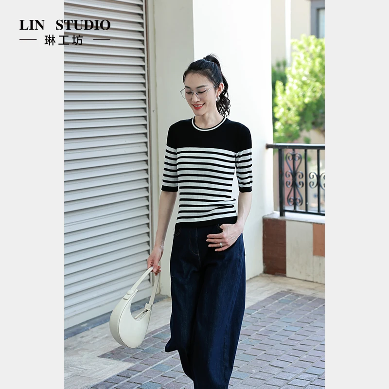 【桑蚕丝+醋酸+莱赛尔】琳工坊“画世”黑白条纹针织衫气质唐琳设计师