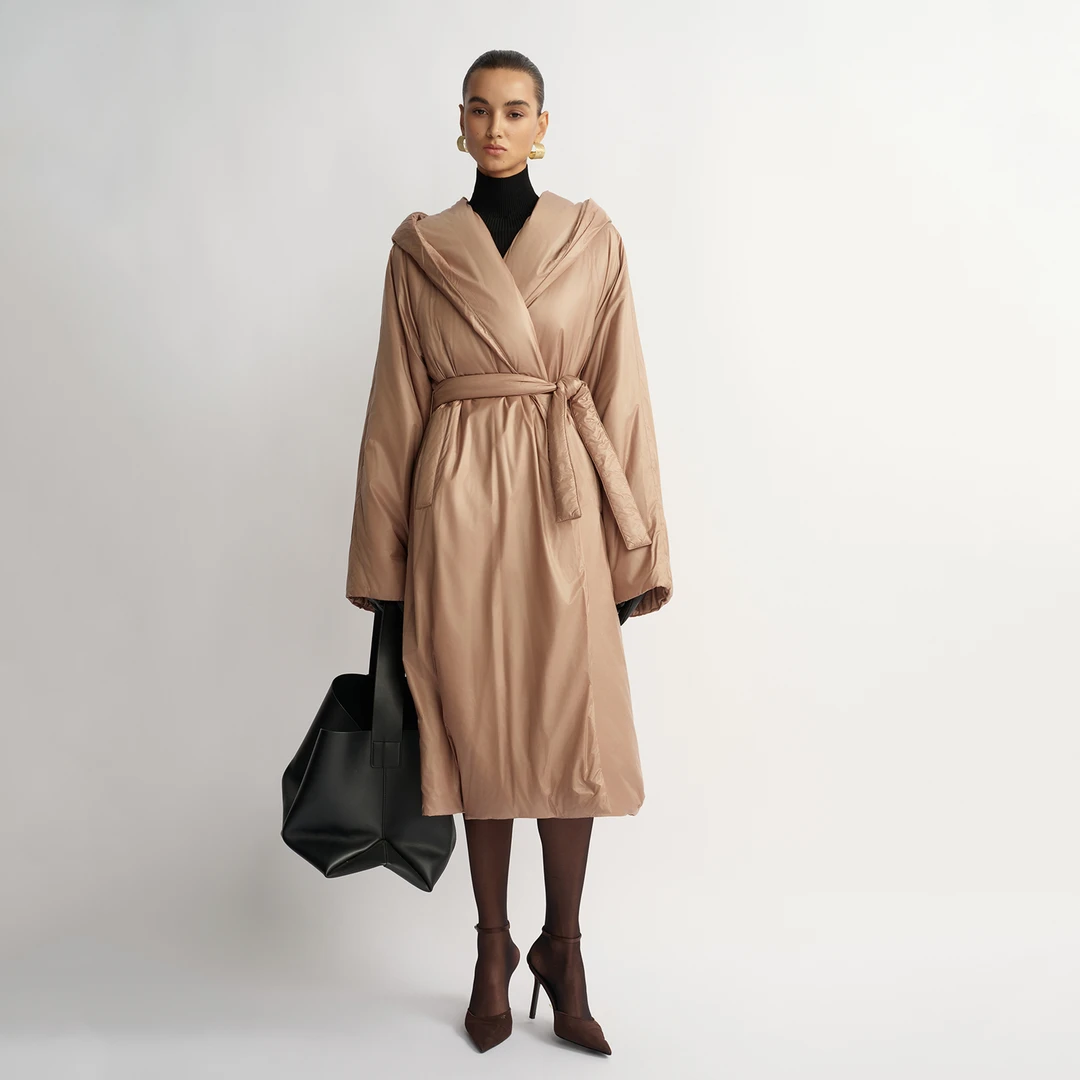 Z老板 御寒保暖 骆驼绒外套女冬季高端系腰带防风长款连帽羽绒服