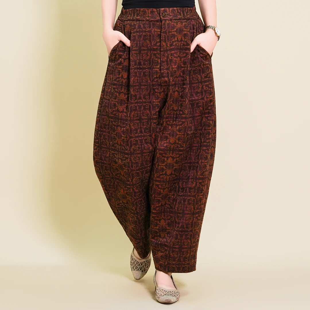 【驼绒裤-鸿福】2025新款双面穿花锦油绸秋冬款大码驼绒裤