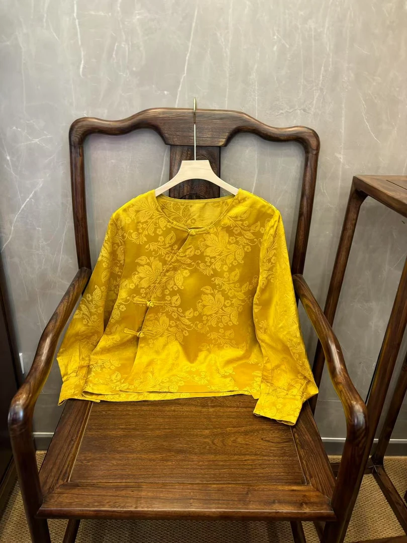 【沅媛】女装提花春季新款新中式国风盘扣斜襟上衣提花女打底