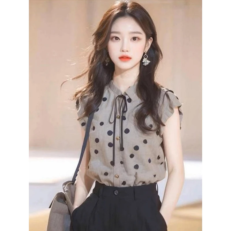 新中式国风波点衬衣小飞袖衬衫女设计感小众夏季独漂亮小衫上衣