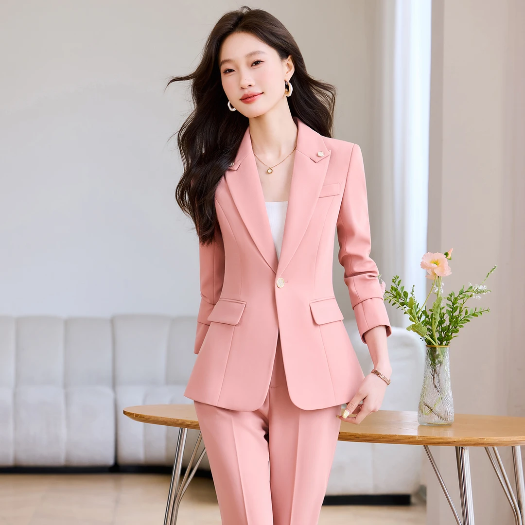 艺考生主播修身西装外套女秋季新款纯色长袖职业干练西服套裤