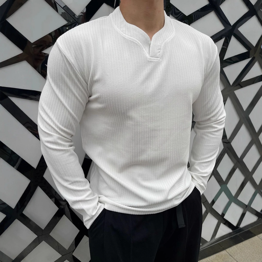 肌理感V领长袖男T恤纯色健身衣服运动训练高级百搭健身长袖男士