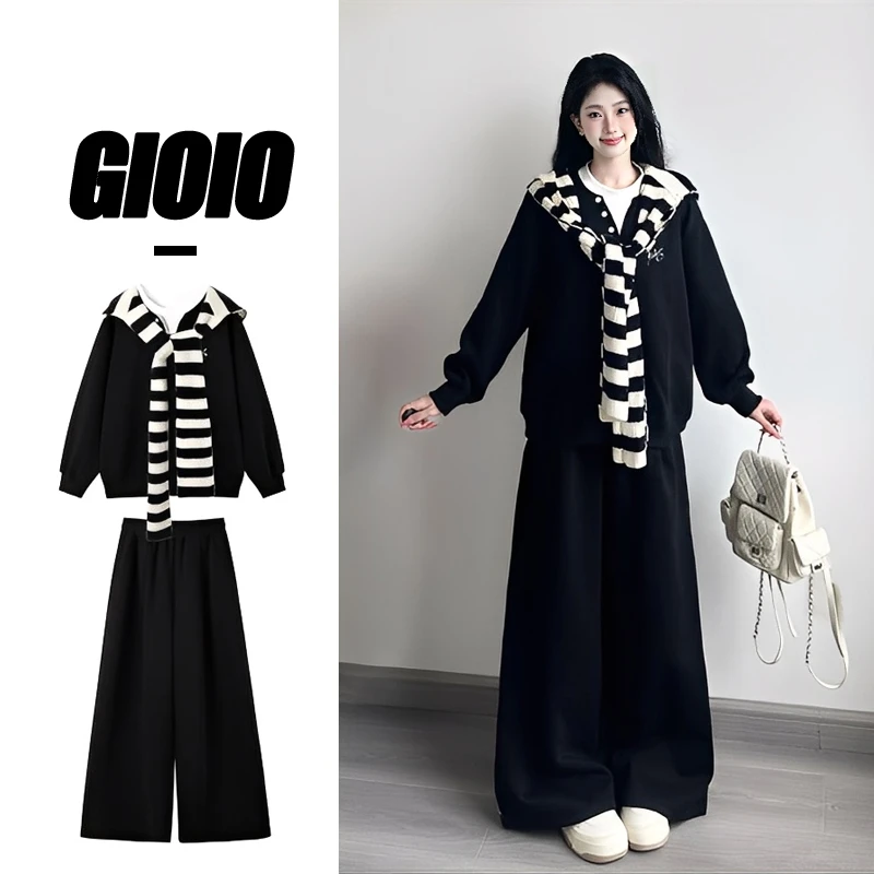 FNFE黑色带披肩长袖秋冬卫衣女套装慵懒宽松休闲运动三件套