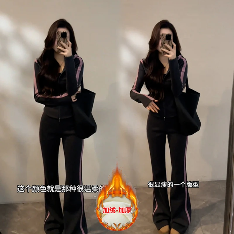 加绒加厚休闲运动套装女秋冬季2025新款小个子巨好看的卫衣两件套