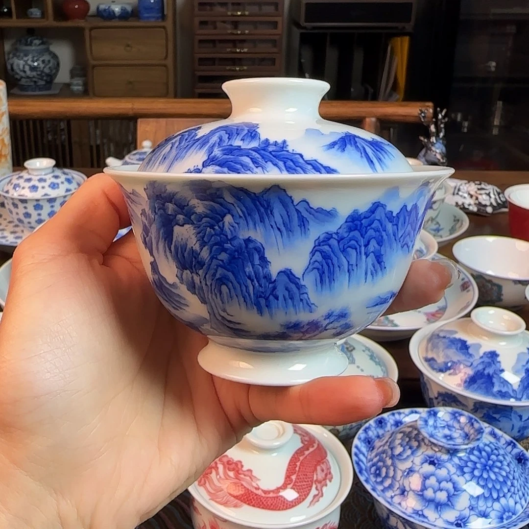 宋画山水盖碗手绘