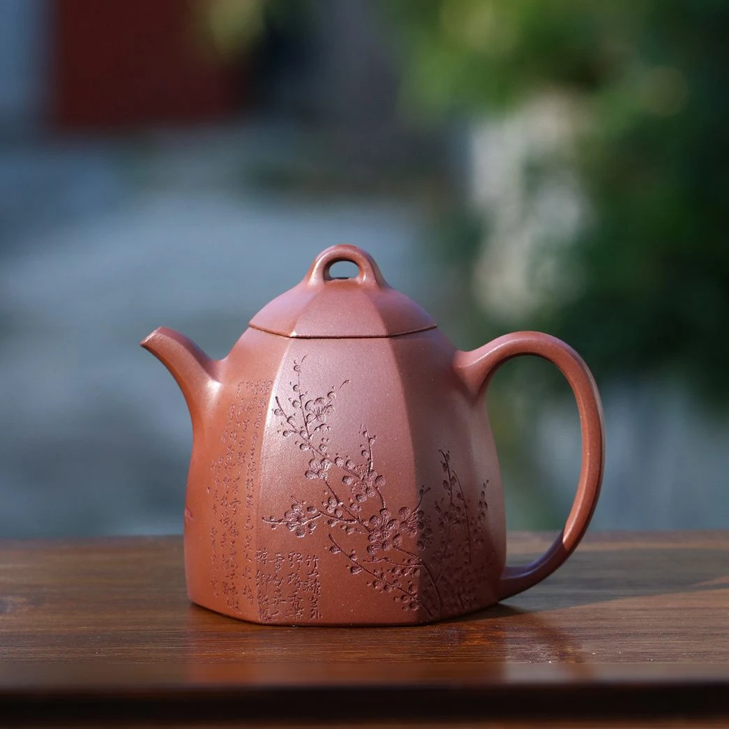 200毫升宜兴紫砂壶手工泡茶壶刻梅花壶原矿一厂紫泥六方秦权壶