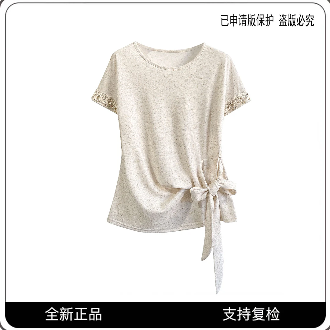 68008#夏日简约休闲度假风收腰系带T恤衫2025百搭设计师个性上衣
