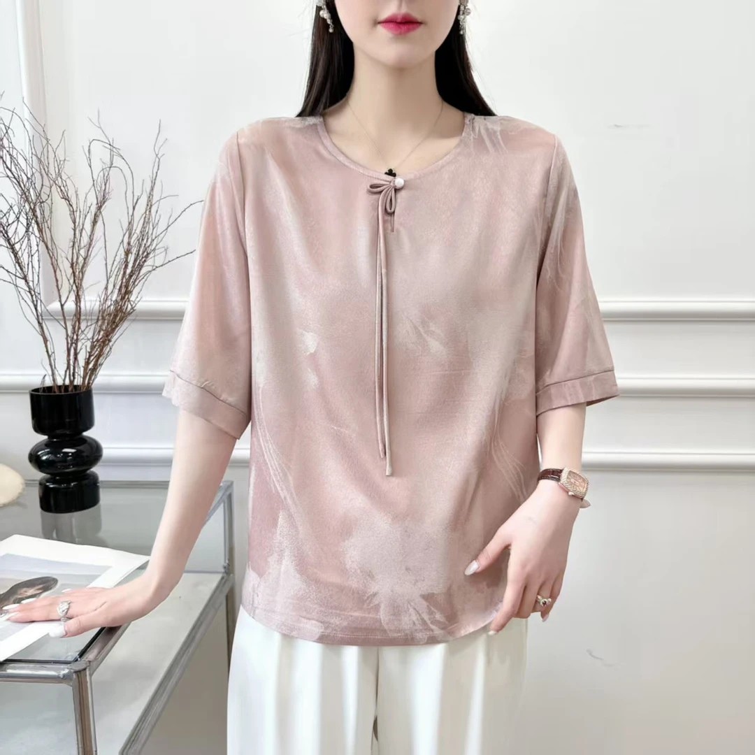 2025新款妈妈显年轻T恤女装夏季洋气减龄衬衫宽松薄女上衣5511