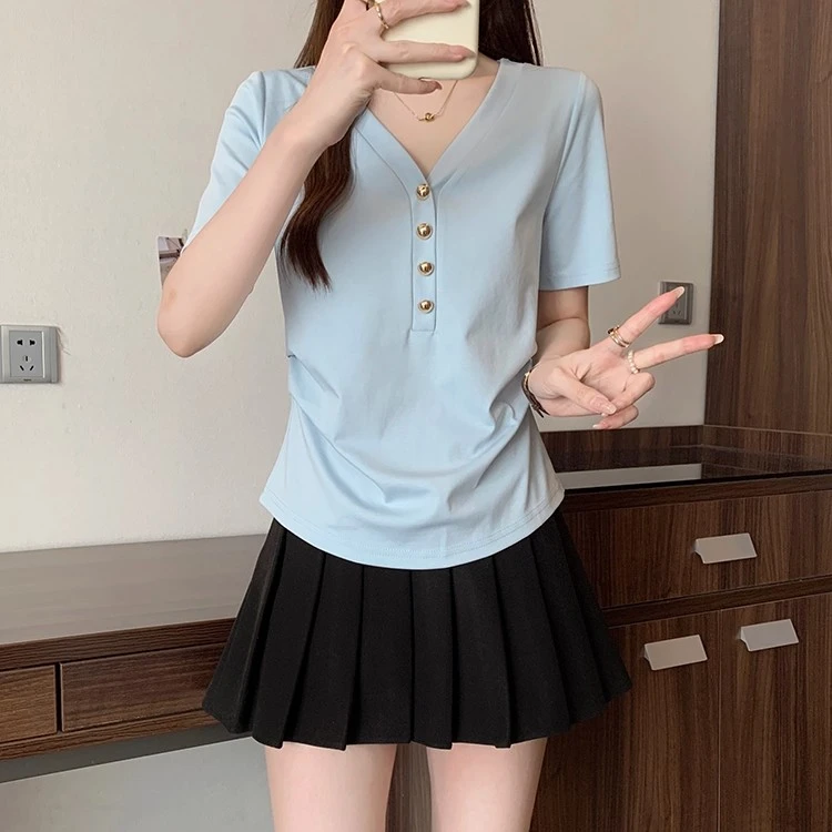 韩版气质短袖上衣夏季薄款胖MM大码女装高级感时尚收腰V领正肩T恤