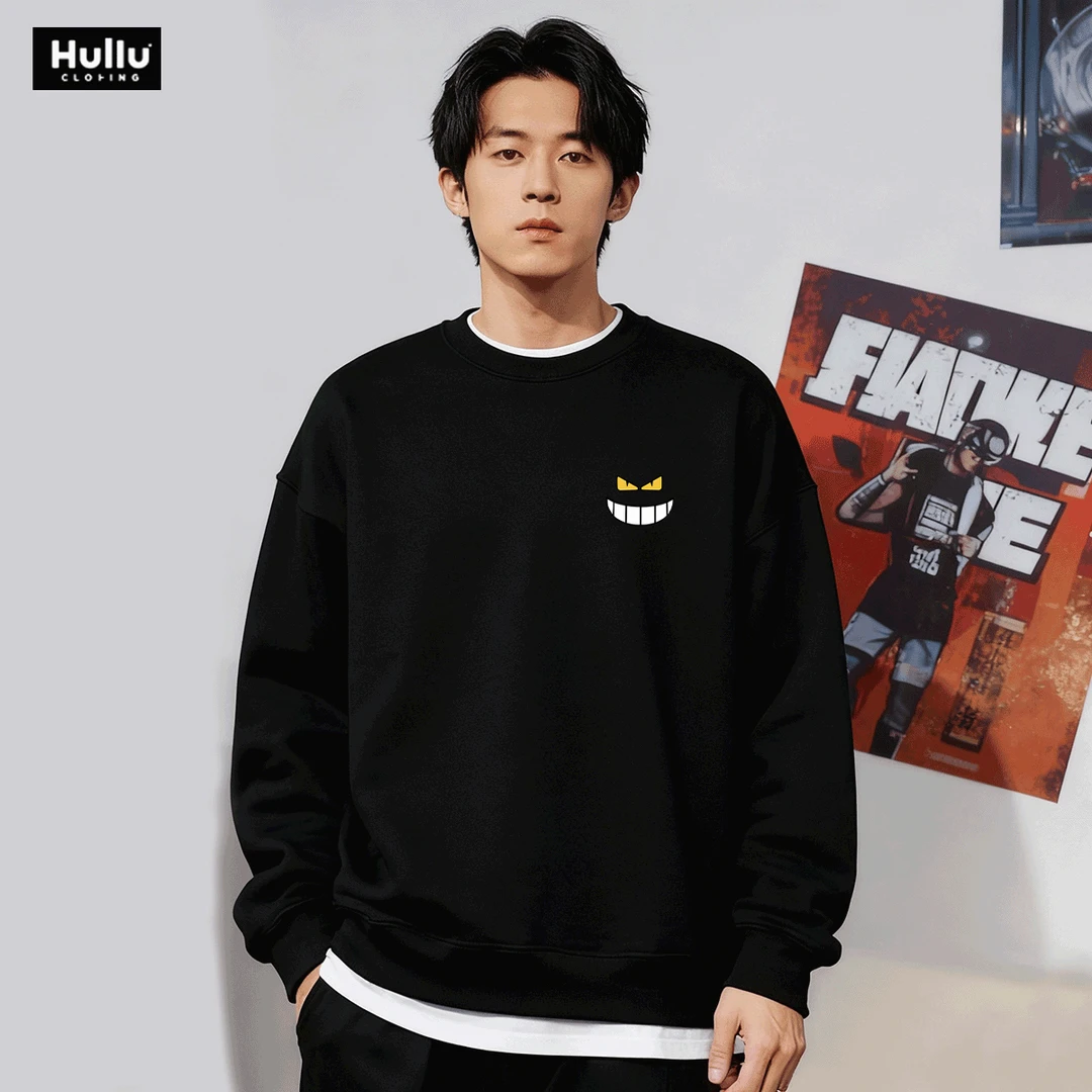 港风潮牌圆领卫衣男士秋冬加绒保暖打底长袖恶魔笑脸宽松百搭套头