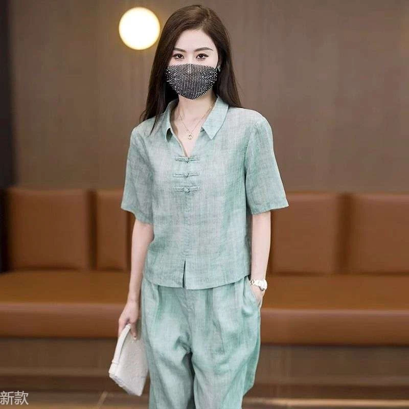 新中式国风时尚套装女夏季妈妈时尚休闲短袖衬衫阔腿裤搭配一整套