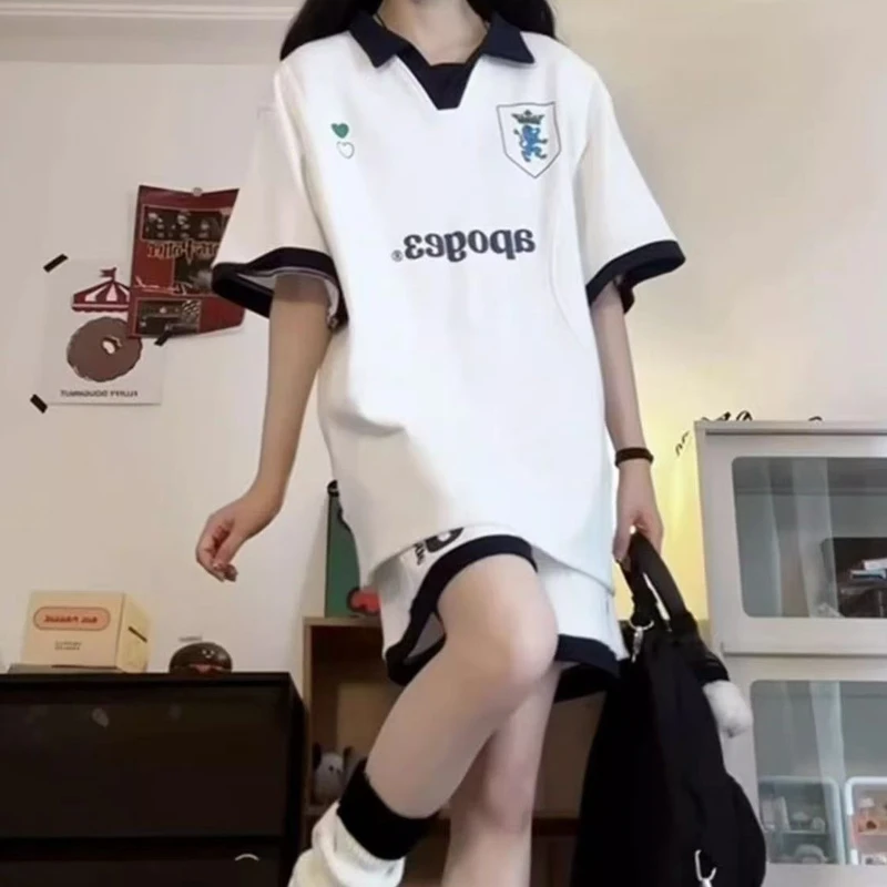 白色休闲运动套装女装新款爆款15-18岁高中生五分短裤夏季一整套