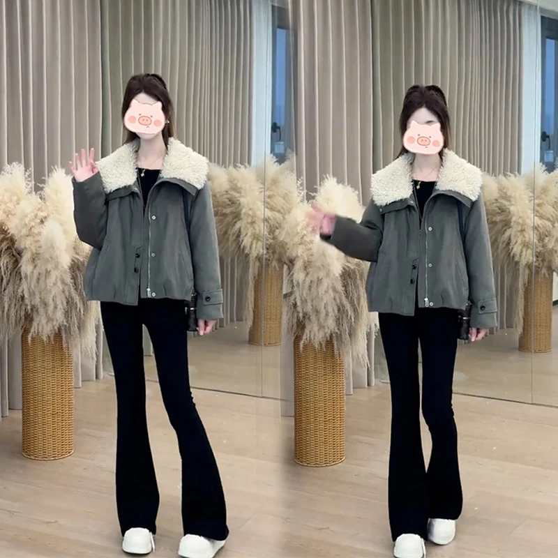 2025秋冬新款韩版羊毛羔大翻领宽松休闲百搭短款搭配牛仔裤两件套