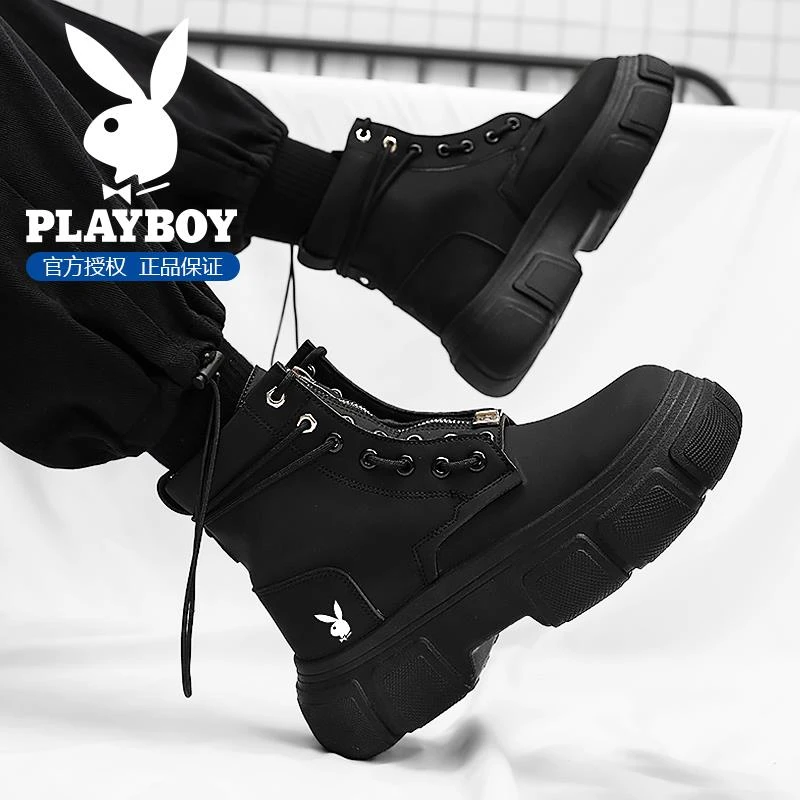 花花公子马丁靴男款冬季前拉链英伦风靴子百搭男鞋厚底休闲工装鞋