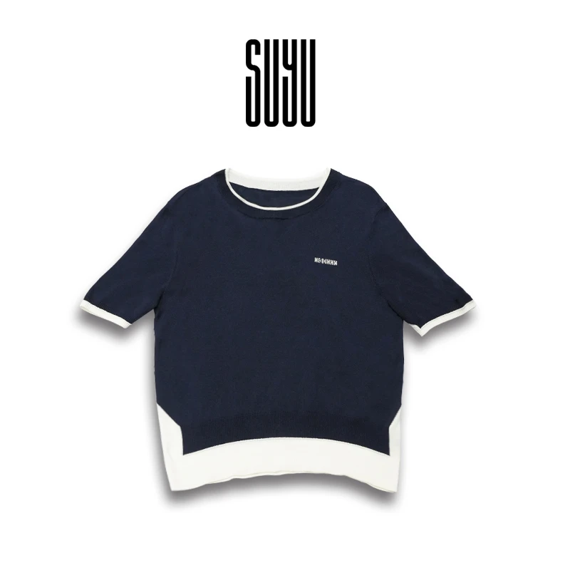 SUYU【蓝调】圆领短袖毛针织衫棉针织短袖T恤针织衫上衣百搭休闲