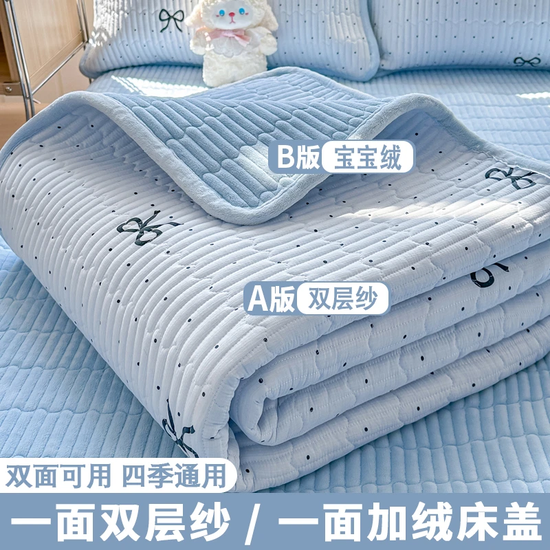 秋冬一面双层纱一面宝宝绒床炕盖家用铺床毛毯加厚保暖床垫床护垫