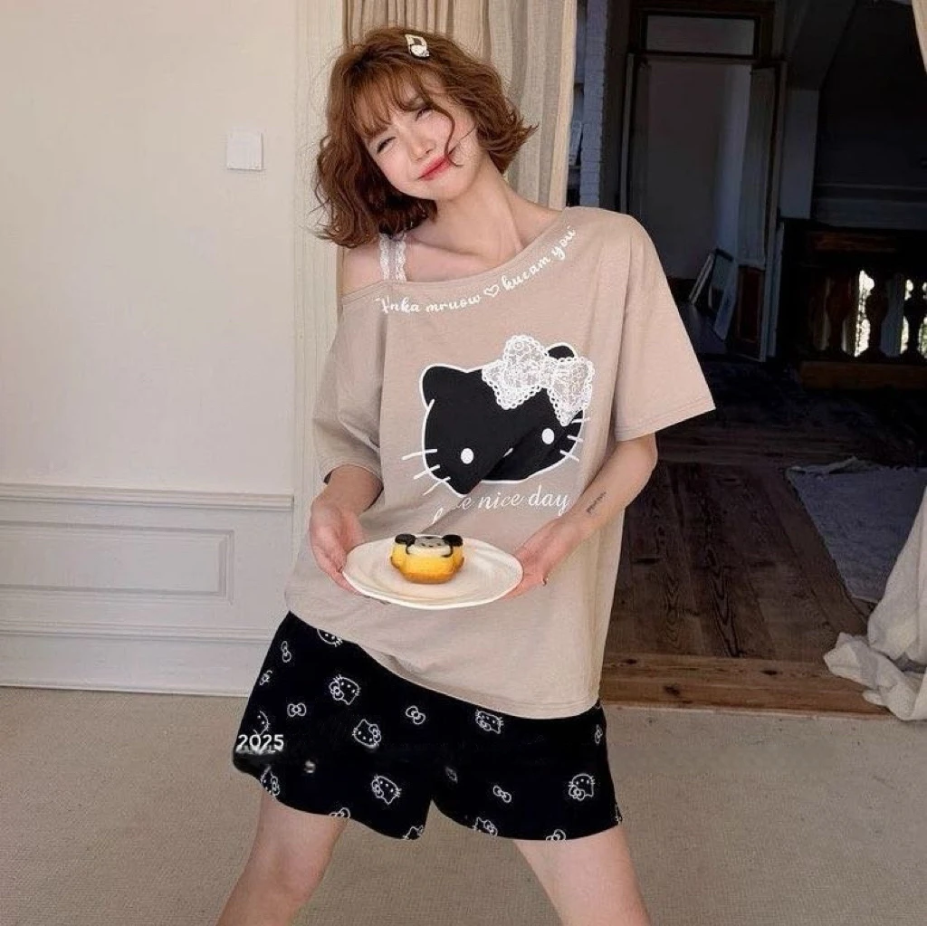 露肩睡衣夏季短袖短裤莫代尔套装气质纯欲kitty猫女大学生睡衣女