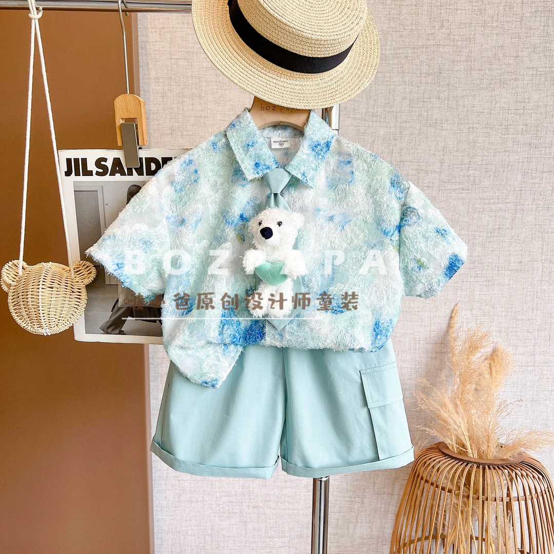 现货啵小爸【海洋玩偶】2025夏季男童韩系休闲晕染流苏设计衬衫套装